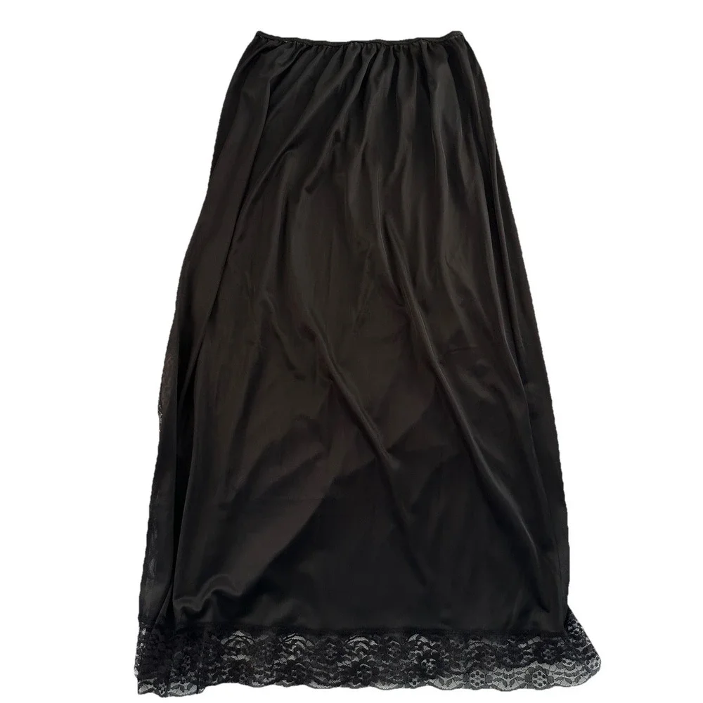 Vintage Black Lace Slit Slip Lingerie‎ Silky Satin Skirt Undergarment